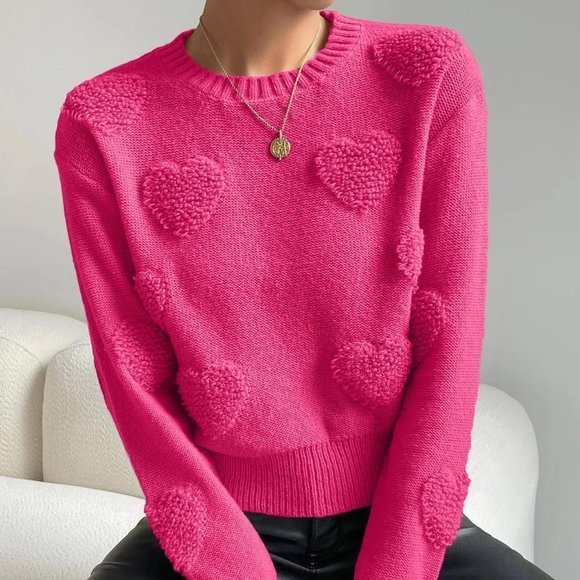 . Sweaters - Pink Casual Womens Heart Knit Drop Shoulder Sweater